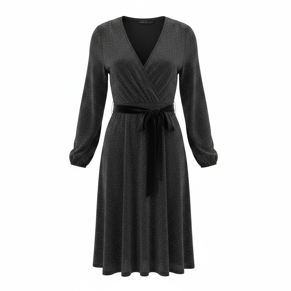 Fraiche by J Black Shimmer Lurex Wrap Dress Velvet Belt Long Sleeve Midi Medium